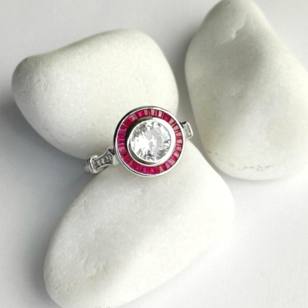 Art Deco White Sapphire and Ruby Ring in Sterling Silver size 6